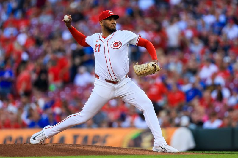 Jun 6, 2024; Cincinnati, Ohio, USA; Cincinnati Reds starting pitcher Hunter Greene (21) pitches against the Chicago Cubs in the first inning at Great American Ball Park. Mandatory Credit: Katie Stratman-USA TODAY Sports