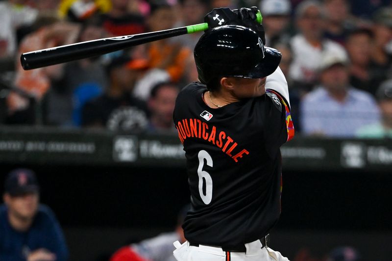 Aug 16, 2024; Baltimore, Maryland, USA;  Baltimore Orioles first baseman Ryan Mountcastle (6) swings through a third inning double against the Boston Red Sox at Oriole Park at Camden Yards. Mandatory Credit: Tommy Gilligan-USA TODAY Sports