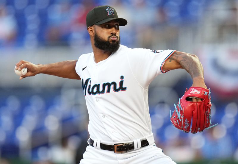 Apr 4, 2023; Miami, Florida, USA;  Miami Marlins starting pitcher Sandy Alcantara (22) pitches against the Minnesota Twins in the first inning at loanDepot Park. Mandatory Credit: Jim Rassol-USA TODAY Sports