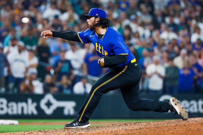 Aug 25, 2023; Seattle, Washington, USA; Seattle Mariners relief pitcher Andres Munoz (75) throws against the Kansas City Royals during the ninth inning at T-Mobile Park. Mandatory Credit: Joe Nicholson-USA TODAY Sports