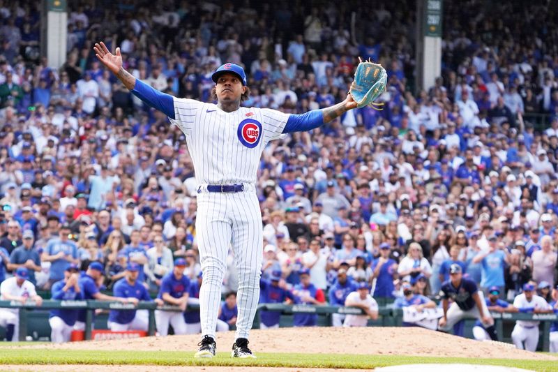 May 29, 2023; Chicago, Illinois, USA; Chicago Cubs starting pitcher Marcus Stroman (0) celebrates the win against the Tampa Bay Rays at Wrigley Field. Mandatory Credit: David Banks-USA TODAY Sports