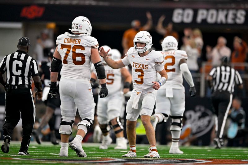 Dec 2, 2023; Arlington, TX, USA;  Texas Longhorns offensive lineman Hayden Conner (76) and quarterback Quinn Ewers (3) celebrate during the second half of the game against the Oklahoma State Cowboys at AT&T Stadium. Mandatory Credit: Jerome Miron-USA TODAY Sports