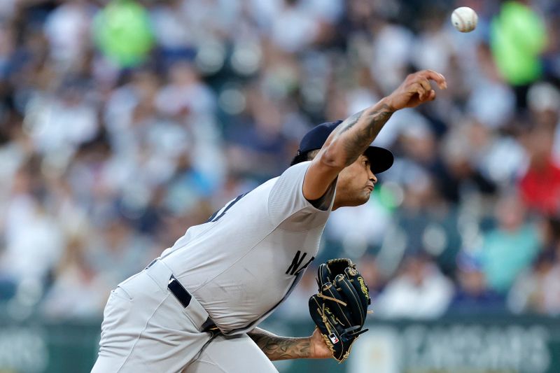 Aug 12, 2024; Chicago, Illinois, USA; New York Yankees pitcher Luis Gil (81) throws pitch against the Chicago White Sox during the first inning at Guaranteed Rate Field. Mandatory Credit: Kamil Krzaczynski-USA TODAY Sports