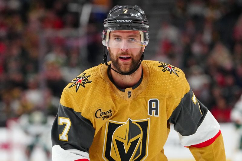 Feb 12, 2024; Las Vegas, Nevada, USA; Vegas Golden Knights defenseman Alex Pietrangelo (7) skates against the Minnesota Wild during the second period at T-Mobile Arena. Mandatory Credit: Stephen R. Sylvanie-USA TODAY Sports