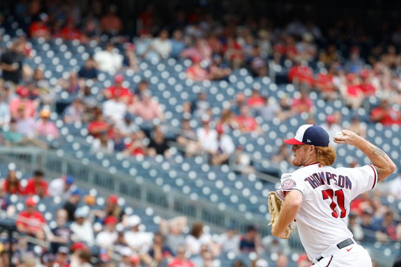 Apr 16, 2023; Washington, District of Columbia, USA; Washington Nationals relief pitcher Mason Thompson (71) pitches against the Cleveland Guardians during the eighth inning at Nationals Park. Mandatory Credit: Geoff Burke-USA TODAY Sports