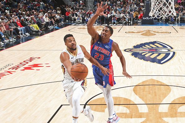 NEW ORLEANS, LA - NOVEMBER 2: CJ McCollum #3 of the New Orleans Pelicans drives to the basket during the game against the Detroit Pistons on November 2, 2023 at the Smoothie King Center in New Orleans, Louisiana. NOTE TO USER: User expressly acknowledges and agrees that, by downloading and or using this Photograph, user is consenting to the terms and conditions of the Getty Images License Agreement. Mandatory Copyright Notice: Copyright 2023 NBAE (Photo by Layne Murdoch Jr./NBAE via Getty Images)