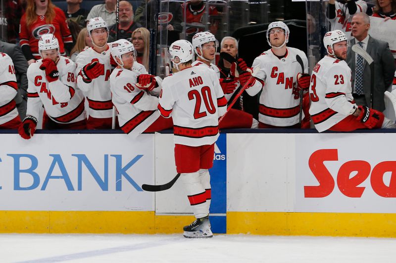 Feb 29, 2024; Columbus, Ohio, USA; Carolina Hurricanes left wing Sebastian Aho (20) celebrates his goal against the Columbus Blue Jackets during the second period at Nationwide Arena. Mandatory Credit: Russell LaBounty-USA TODAY Sports