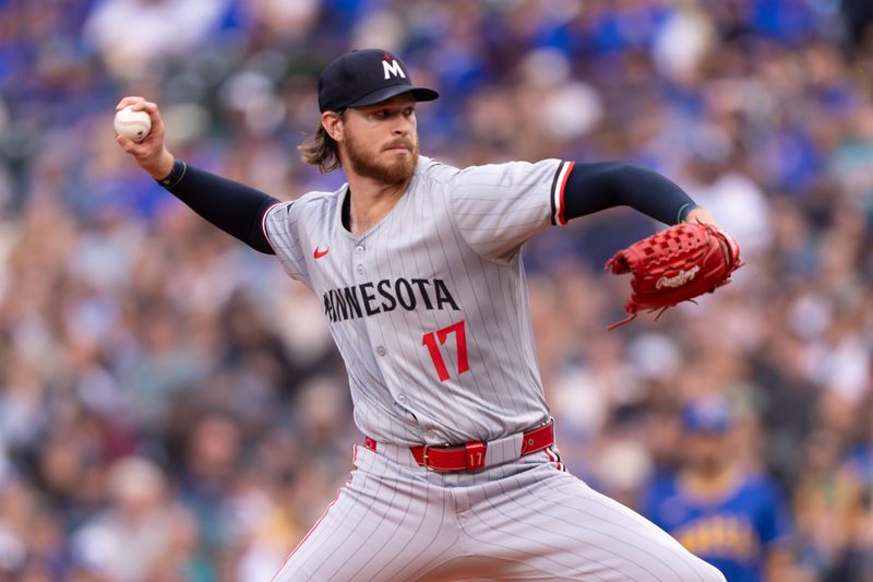 Jun 28, 2024; Seattle, Washington, USA; Minnesota Twins starter Bailey Ober (17) delivers a pitch during the first inning against the Seattle Mariners at T-Mobile Park. Mandatory Credit: Stephen Brashear-USA TODAY Sports