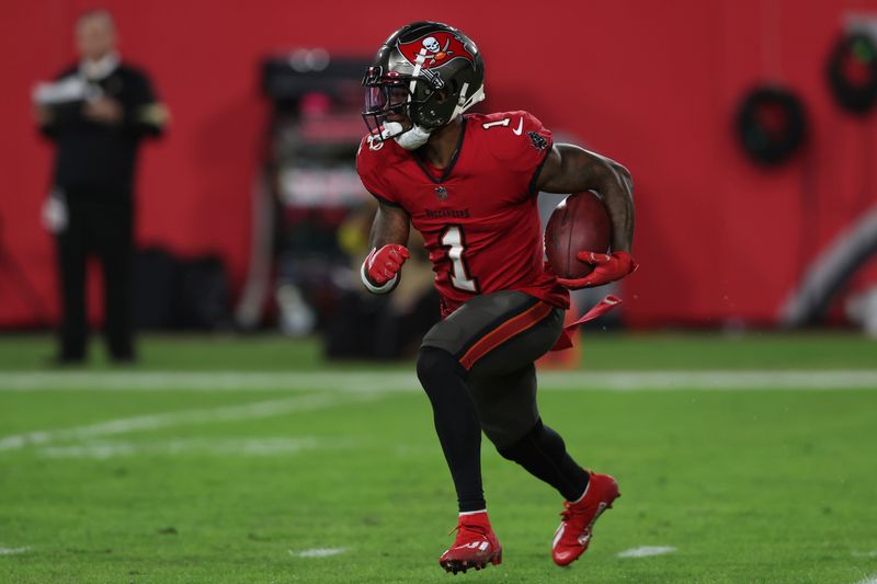 Tampa Bay Buccaneers wide receiver Jaelon Darden (1) against the New Orleans Saints during the second half of an NFL football game Monday, Dec. 5, 2022, in Tampa, Fla. (AP Photo/Mark LoMoglio)