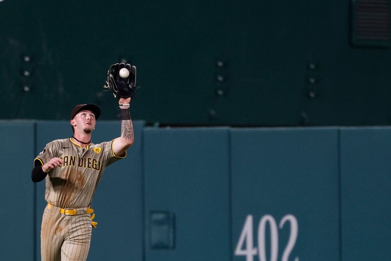 Jul 24, 2024; Washington, District of Columbia, USA; San Diego Padres outfielder Jackson Merrill (3) catches a fly ball by Washington Nationals outfielder Lane Thomas (not pictured) during the sixth inning at Nationals Park. Mandatory Credit: Geoff Burke-USA TODAY Sports