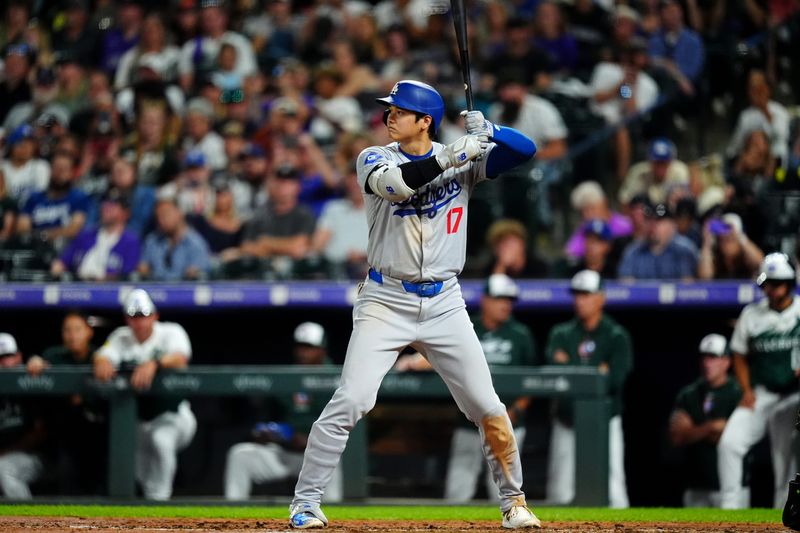 Sep 28, 2024; Denver, Colorado, USA; Los Angeles Dodgers designated hitter Shohei Ohtani (17) during the fifth inning against the Colorado Rockies at Coors Field. Mandatory Credit: Ron Chenoy-Imagn Images