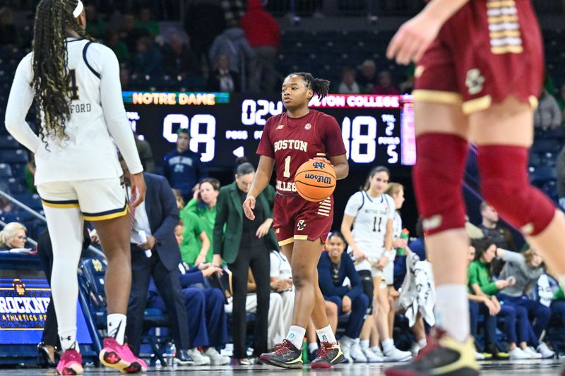 Jan 11, 2024; South Bend, Indiana, USA; Boston College Eagles guard JaKayla Thompson (1) dribbles out the final seconds in the second half against the Notre Dame Fighting Irish at the Purcell Pavilion. Notre Dame won 98-48. Mandatory Credit: Matt Cashore-USA TODAY Sports