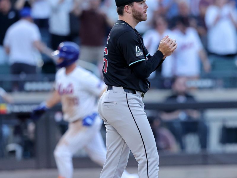 Jun 1, 2024; New York City, New York, USA; Arizona Diamondbacks relief pitcher Brandon Hughes (56) reacts after giving up a two run home run to New York Mets first baseman Pete Alonso (20) during the ninth inning at Citi Field. Mandatory Credit: Brad Penner-USA TODAY Sports