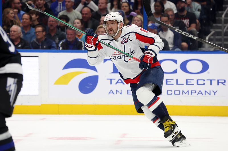 Oct 26, 2024; Tampa, Florida, USA; Washington Capitals left wing Alex Ovechkin (8) skates against the Tampa Bay Lightning during the second period at Amalie Arena. Mandatory Credit: Kim Klement Neitzel-Imagn Images