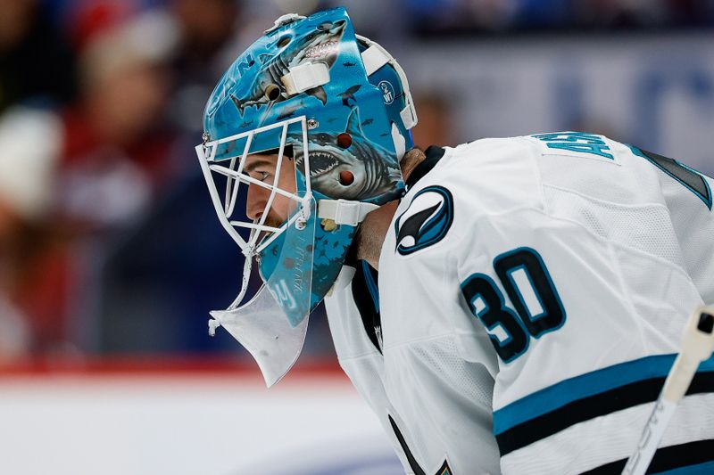 Feb 4, 2026; Denver, Colorado, USA; San Jose Sharks goaltender Yaroslav Askarov (30) in the second period against the Colorado Avalanche at Ball Arena. Mandatory Credit: Isaiah J. Downing-Imagn Images