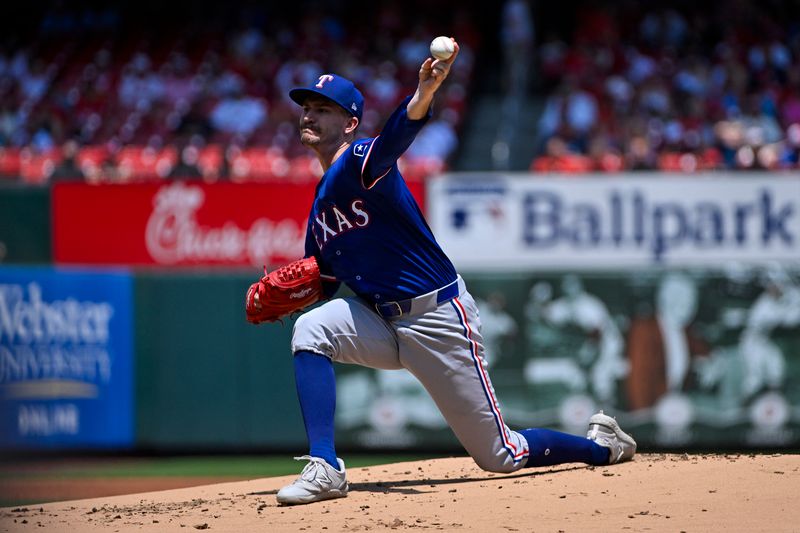 Jul 31, 2024; St. Louis, Missouri, USA;  Texas Rangers starting pitcher Andrew Heaney (44) pitches against the St. Louis Cardinals during the first inning at Busch Stadium. Mandatory Credit: Jeff Curry-USA TODAY Sports