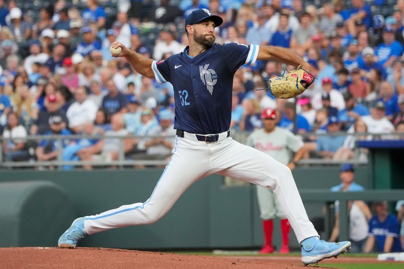 Aug 23, 2024; Kansas City, Missouri, USA; Kansas City Royals starting pitcher Michael Wacha (52) delivers a pitch against the Philadelphia Phillies in the first inning at Kauffman Stadium. Mandatory Credit: Denny Medley-USA TODAY Sports