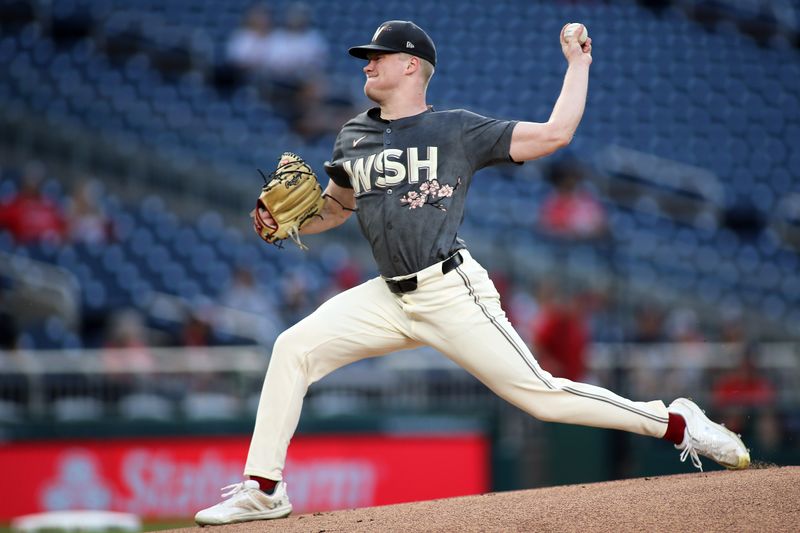 Sep 13, 2024; Washington, District of Columbia, USA; Washington Nationals pitcher DJ Herz (74) delivers a throw during the first inning of a baseball game against the Miami Marlins, at Nationals Park. Mandatory Credit: Daniel Kucin Jr.-Imagn Images

