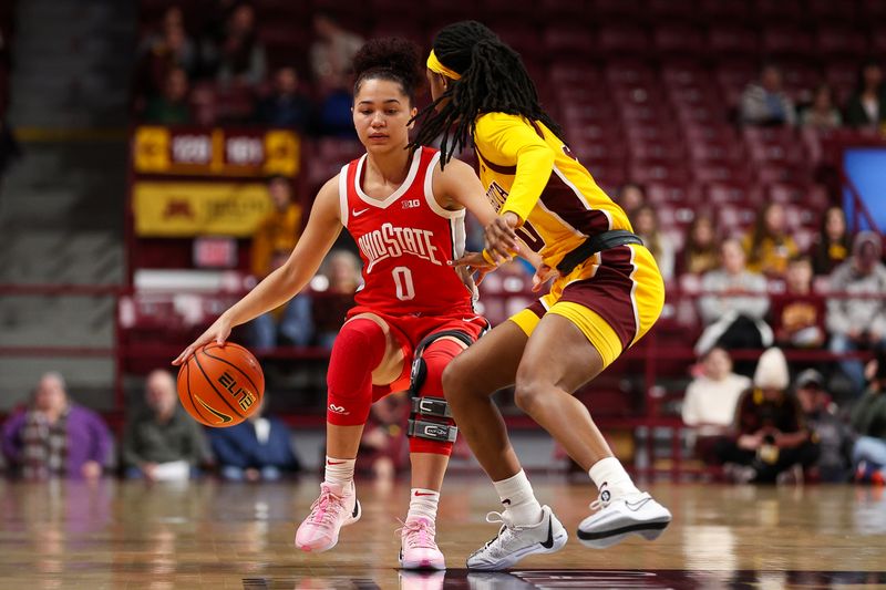 Feb 8, 2024; Minneapolis, Minnesota, USA; Ohio State Buckeyes guard Madison Greene (0) works up court as /h0/ defends during the second half at Williams Arena. Mandatory Credit: Matt Krohn-USA TODAY Sports