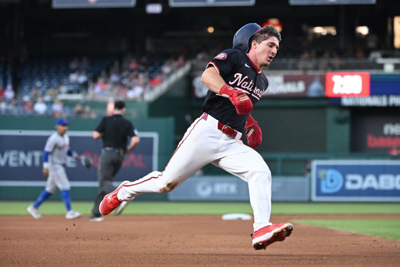 Jul 2, 2024; Washington, District of Columbia, USA; Washington Nationals center fielder Jacob Young (30) rounds third base against the New York Mets during the fifth inning at Nationals Park. Mandatory Credit: Rafael Suanes-USA TODAY Sports