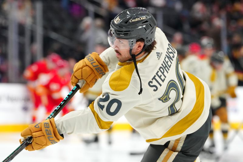 Jan 13, 2024; Las Vegas, Nevada, USA; Vegas Golden Knights center Chandler Stephenson (20) warms up before a game against the Calgary Flames at T-Mobile Arena. Mandatory Credit: Stephen R. Sylvanie-USA TODAY Sports