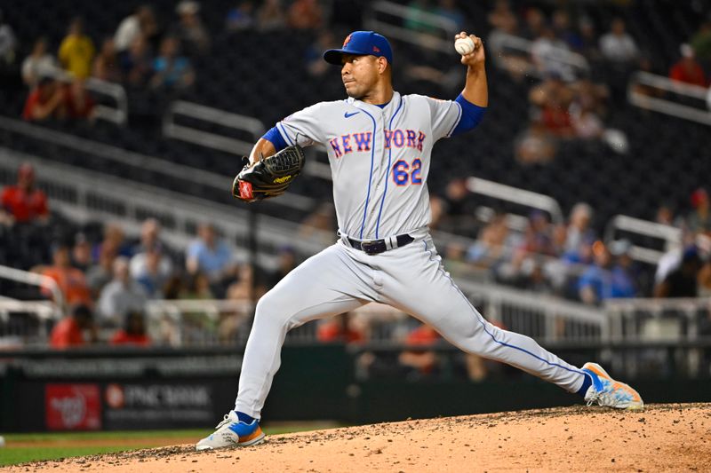 Sep 5, 2023; Washington, District of Columbia, USA; New York Mets starting pitcher Jose Quintana (62) throws to the Washington Nationals during the seventh inning at Nationals Park. Mandatory Credit: Brad Mills-USA TODAY Sports