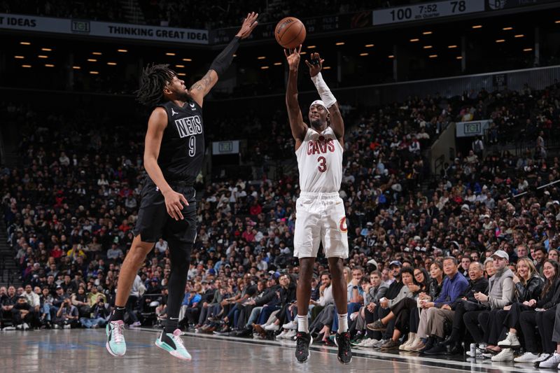 BROOKLYN, NY - FEBRUARY 8: Caris LeVert #3 of the Cleveland Cavaliers shoots the ball during the game against the Brooklyn Nets on February 8, 2024 at Barclays Center in Brooklyn, New York. NOTE TO USER: User expressly acknowledges and agrees that, by downloading and or using this Photograph, user is consenting to the terms and conditions of the Getty Images License Agreement. Mandatory Copyright Notice: Copyright 2024 NBAE (Photo by Jesse D. Garrabrant/NBAE via Getty Images)