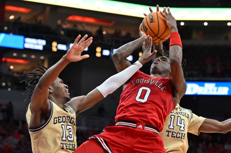 Feb 10, 2024; Louisville, Kentucky, USA; Louisville Cardinals guard Mike James (0) shoots against Georgia Tech Yellow Jackets guard Miles Kelly (13) during the second half at KFC Yum! Center. Louisville defeated Georgia Tech 79-67. Mandatory Credit: Jamie Rhodes-USA TODAY Sports