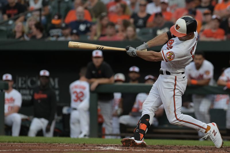 Jul 29, 2023; Baltimore, Maryland, USA;  Baltimore Orioles second baseman Adam Frazier (12) doubles during the second inning against the New York Yankees at Oriole Park at Camden Yards. Mandatory Credit: Tommy Gilligan-USA TODAY Sports