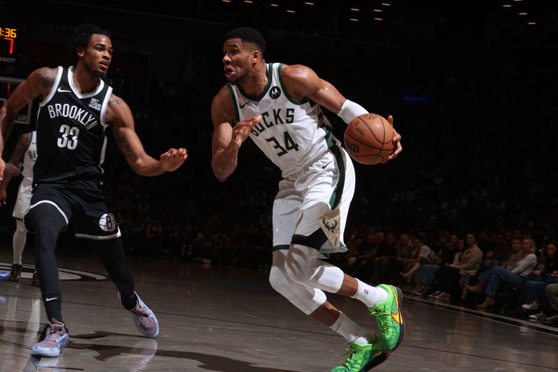 BROOKLYN, NY - DECEMBER 8: Giannis Antetokounmpo #34 of the Milwaukee Bucks drives to the basket during the game against the Brooklyn Nets on December 8, 2024 at Barclays Center in Brooklyn, New York. NOTE TO USER: User expressly acknowledges and agrees that, by downloading and or using this Photograph, user is consenting to the terms and conditions of the Getty Images License Agreement. Mandatory Copyright Notice: Copyright 2024 NBAE (Photo by Nathaniel S. Butler/NBAE via Getty Images)