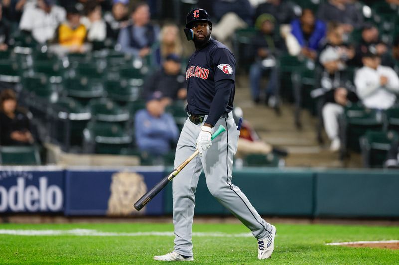 May 9, 2024; Chicago, Illinois, USA; Cleveland Guardians outfielder Estevan Florial (90) reacts after striking out against the Chicago White Sox during the ninth inning at Guaranteed Rate Field. Mandatory Credit: Kamil Krzaczynski-USA TODAY Sports