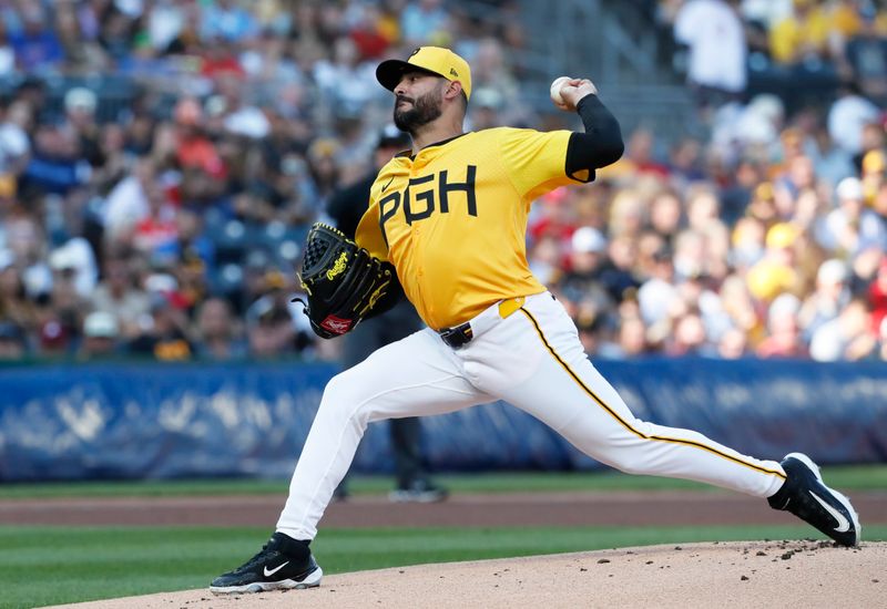 Jul 19, 2024; Pittsburgh, Pennsylvania, USA;  Pittsburgh Pirates starting pitcher Martín Pérez (54) delivers a pitch against the Philadelphia Phillies during the first inning at PNC Park. Mandatory Credit: Charles LeClaire-USA TODAY Sports