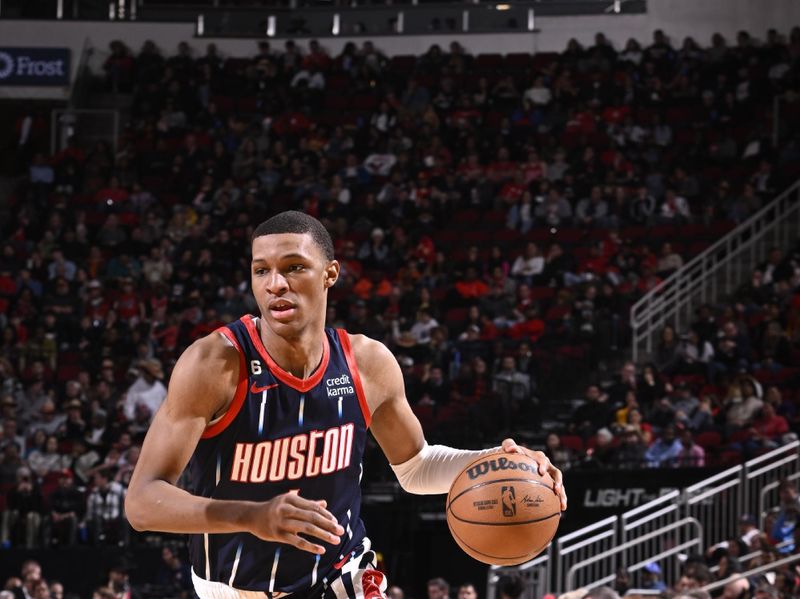 HOUSTON, TX - FEBRUARY 3: Jabari Smith Jr. #1 of the Houston Rockets handles the ball during the game against the Toronto Raptors on February 3, 2023 at the Toyota Center in Houston, Texas. NOTE TO USER: User expressly acknowledges and agrees that, by downloading and or using this photograph, User is consenting to the terms and conditions of the Getty Images License Agreement. Mandatory Copyright Notice: Copyright 2023 NBAE (Photo by Logan Riely/NBAE via Getty Images)