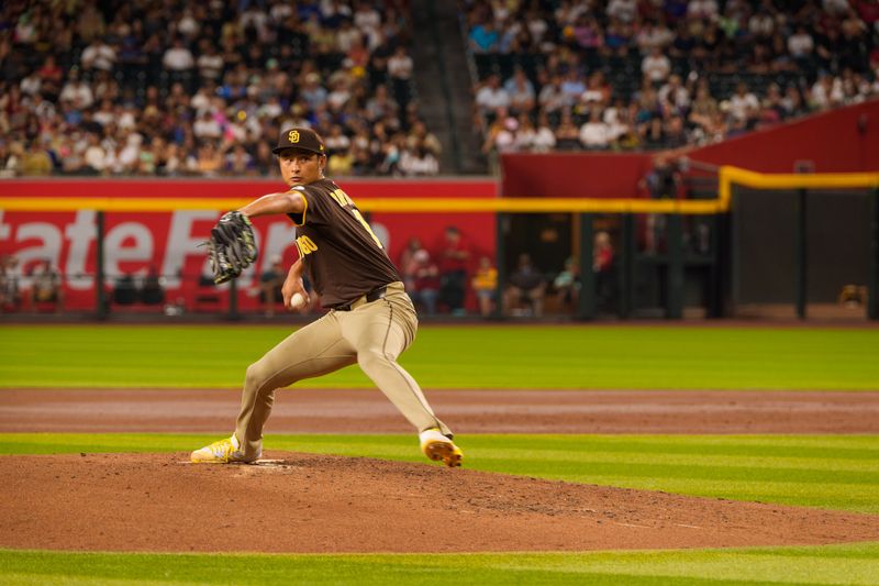 Aug 5, 2025; Phoenix, Arizona, USA; San Diego Padres pitcher Yu Darvish (11) pitches in the third inning against the Arizona Diamondbacks at Chase Field. Mandatory Credit: Allan Henry-Imagn Images