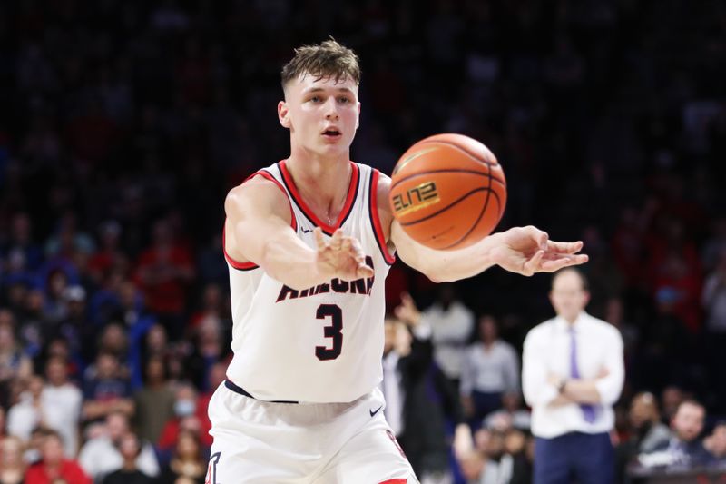 Jan 5, 2023; Tucson, Arizona, USA; Arizona Wildcats guard Pelle Larsson (3) makes a pass during the second half at McKale Center. Mandatory Credit: Zachary BonDurant-USA TODAY Sports