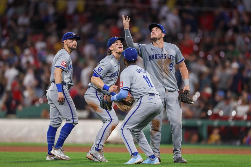 Jul 12, 2024; Boston, Massachusetts, USA; Kansas City Royals shortstop Bobby Witt Jr (7) and Kansas City Royals first baseman Vinnie Pasquantino (9) celebrate after defeating the Boston Red Sox at Fenway Park. Mandatory Credit: Paul Rutherford-USA TODAY Sports