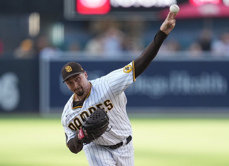 Aug 16, 2023; San Diego, California, USA; San Diego Padres starting pitcher Blake Snell (4) throws a pitch against the Baltimore Orioles during the first inning at Petco Park. Mandatory Credit: Ray Acevedo-USA TODAY Sports