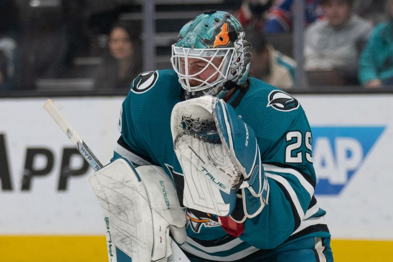 Jan 23, 2024; San Jose, California, USA; San Jose Sharks goaltender Mackenzie Blackwood (29) stops the puck during the third period against the New York Rangers at SAP Center at San Jose. Mandatory Credit: Stan Szeto-USA TODAY Sports