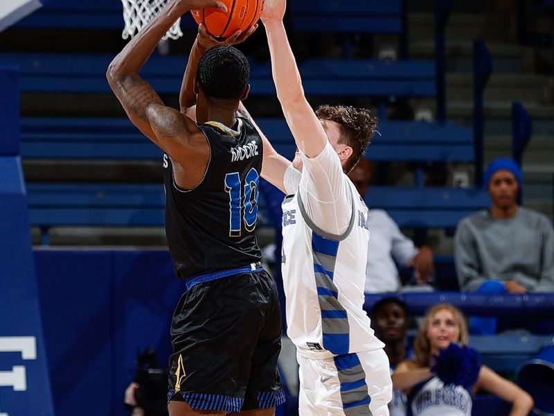 Mar 4, 2023; Colorado Springs, Colorado, USA; San Jose State Spartans guard Omari Moore (10) attempts a shot under pressure from Air Force Falcons guard Carter Murphy (4) in the second half at Clune Arena. Mandatory Credit: Isaiah J. Downing-USA TODAY Sports