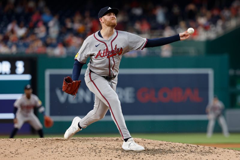 Jun 6, 2024; Washington, District of Columbia, USA; Atlanta Braves relief pitcher Aaron Bummer (49) pitches against the Washington Nationals during the seventh inning at Nationals Park. Mandatory Credit: Geoff Burke-USA TODAY Sports