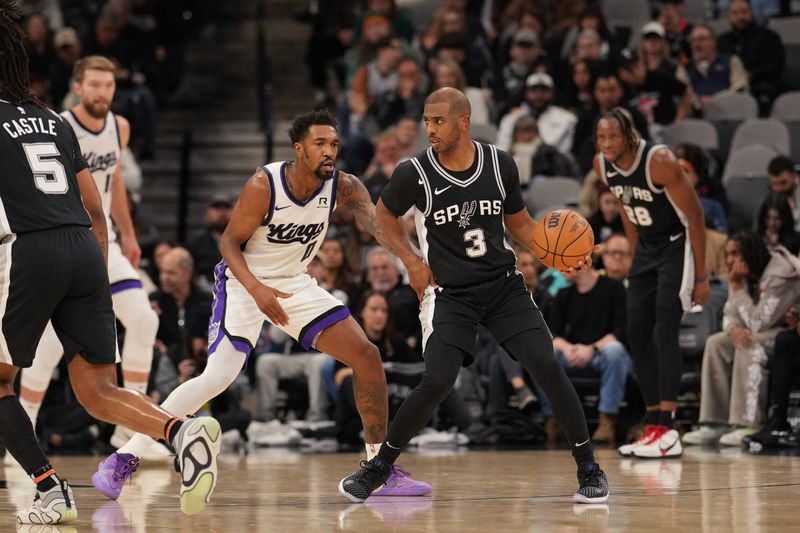 SAN ANTONIO, TX - DECEMBER 6: Chris Paul #3 of the San Antonio Spurs dribbles the ball during the game against the Sacramento Kings on December 6, 2024 at the Frost Bank Center in San Antonio, Texas. NOTE TO USER: User expressly acknowledges and agrees that, by downloading and or using this photograph, user is consenting to the terms and conditions of the Getty Images License Agreement. Mandatory Copyright Notice: Copyright 2024 NBAE (Photos by Darren Carroll/NBAE via Getty Images)