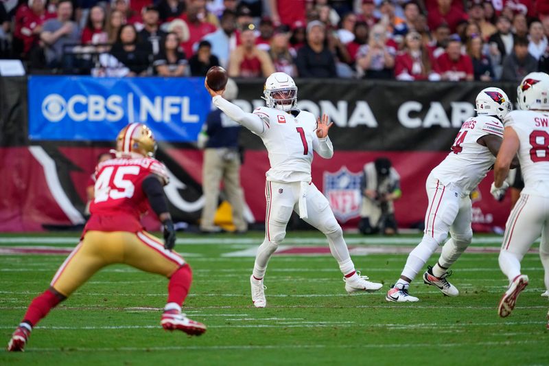 Arizona Cardinals quarterback Kyler Murray (1) passes against the San Francisco 49ers during the first half of an NFL football game Sunday, Dec. 17, 2023, in Glendale, Ariz. (AP Photo/Matt York)