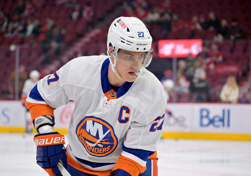 Jan 25, 2024; Montreal, Quebec, CAN; New York Islanders forward Anders Lee (27) skates during the warmup period before the game against the Montreal Canadiens at the Bell Centre. Mandatory Credit: Eric Bolte-USA TODAY Sports