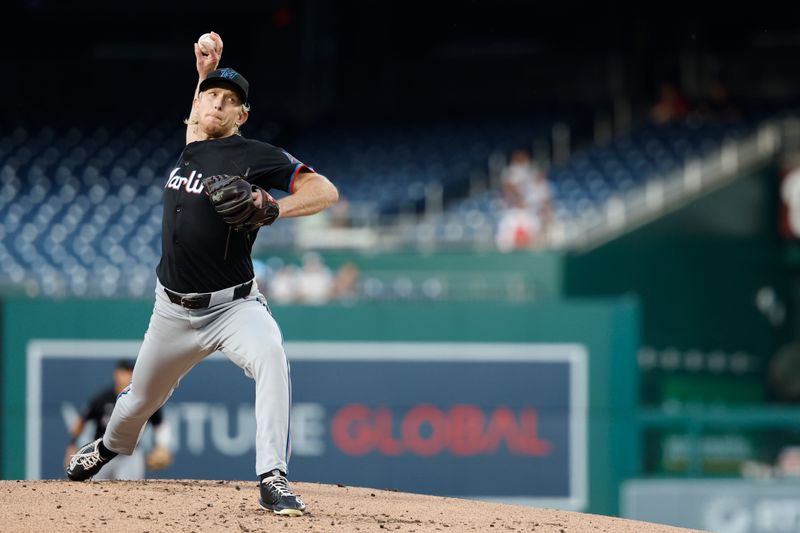 Sep 12, 2024; Washington, District of Columbia, USA; Miami Marlins starting pitcher Darren McCaughan (68) pitches /Wednesday/ during the first inning at Nationals Park. Mandatory Credit: Geoff Burke-Imagn Images