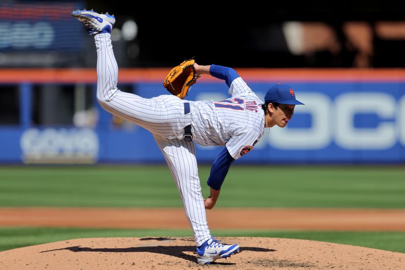Sep 18, 2025; New York City, New York, USA; New York Mets starting pitcher Jonah Tong (21) follows through on a pitch against the San Diego Padres during the third inning at Citi Field. Mandatory Credit: Brad Penner-Imagn Images