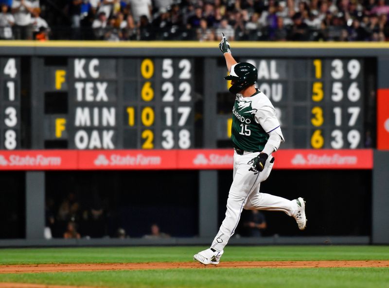 Jun 22, 2024; Denver, Colorado, USA; Colorado Rockies designated hitter Hunter Goodman (15) points to the sky after hitting a home run against the Washington Nationals in the seventh inning at Coors Field. Mandatory Credit: John Leyba-USA TODAY Sports