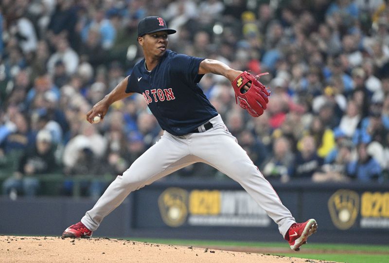 Apr 23, 2023; Milwaukee, Wisconsin, USA; Boston Red Sox starting pitcher Brayan Bello (66) delivers against the Milwaukee Brewers in the first inning at American Family Field. Mandatory Credit: Michael McLoone-USA TODAY Sports