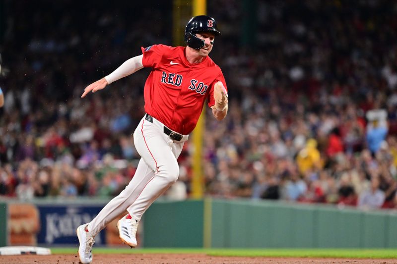 Sep 27, 2024; Boston, Massachusetts, USA; Boston Red Sox third baseman Nick Sogard (75) runs to third base during third inning against the Tampa Bay Rays at Fenway Park. Mandatory Credit: Eric Canha-Imagn Images