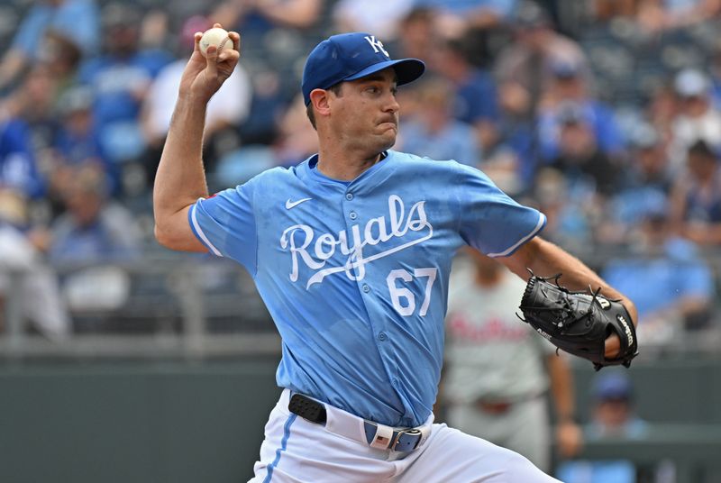 Aug 25, 2024; Kansas City, Missouri, USA;  Kansas City Royals starting pitcher Seth Lugo (67) delivers a pitch in the first inning against the Philadelphia Phillies at Kauffman Stadium. Mandatory Credit: Peter Aiken-USA TODAY Sports