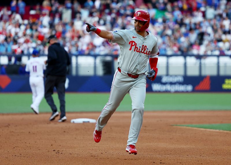 [US, Mexico & Canada customers only] June 8, 2024; London, UNITED KINGDOM;  Philadelphia Phillies player Whit Merrifieldcelebrates after hitting a home run against the New York Mets during a London Series baseball game at Queen Elizabeth Olympic Park. Mandatory Credit: Matthew Childs/Reuters via USA TODAY Sports